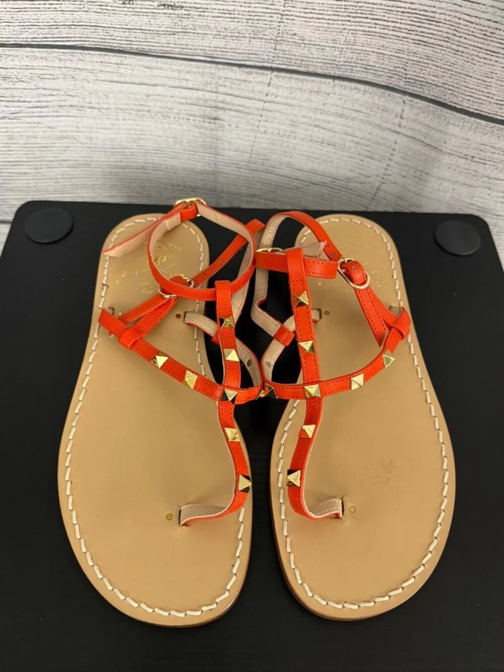 Il Sandalo Caprese Le Salentine Vacchetta Orange Leather Studded Flat Sandals Si
